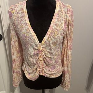 Free People Pink and Yellow Ruched V-Neck Blouse